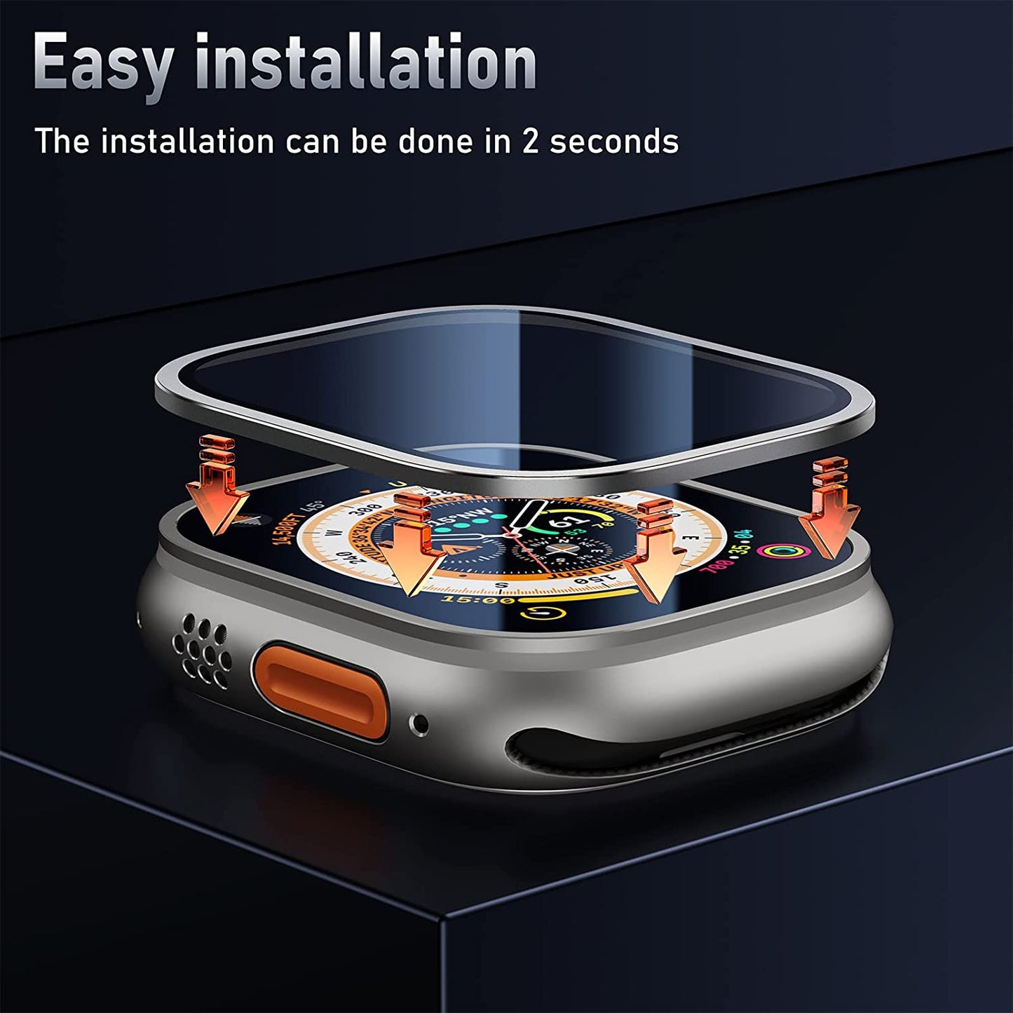Apple Watch Ultra 49mm Screen Protector ,9H Tempered Glass + Titanium Frame Bezel, Protective Glass Film Case, Titanium Finish