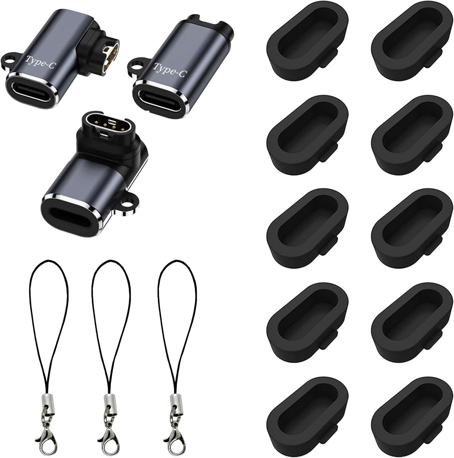LDFAS Garmin Charger Port Protector 13-Pack - 10 silicone dust plugs and 3 USB-C adapters for Fenix 8/7/6/5 series