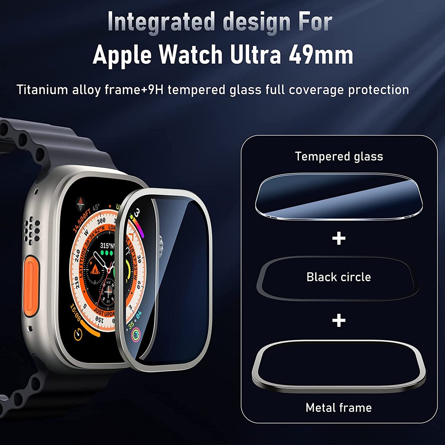 Apple Watch Ultra 49mm Screen Protector ,9H Tempered Glass + Titanium Frame Bezel, Protective Glass Film Case, Titanium Finish