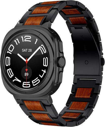 LDFAS Holz-Sandelholz-Metallband für Galaxy Watch Ultra 2 – Premium-Edelstahl-Ersatzband, Schwarz