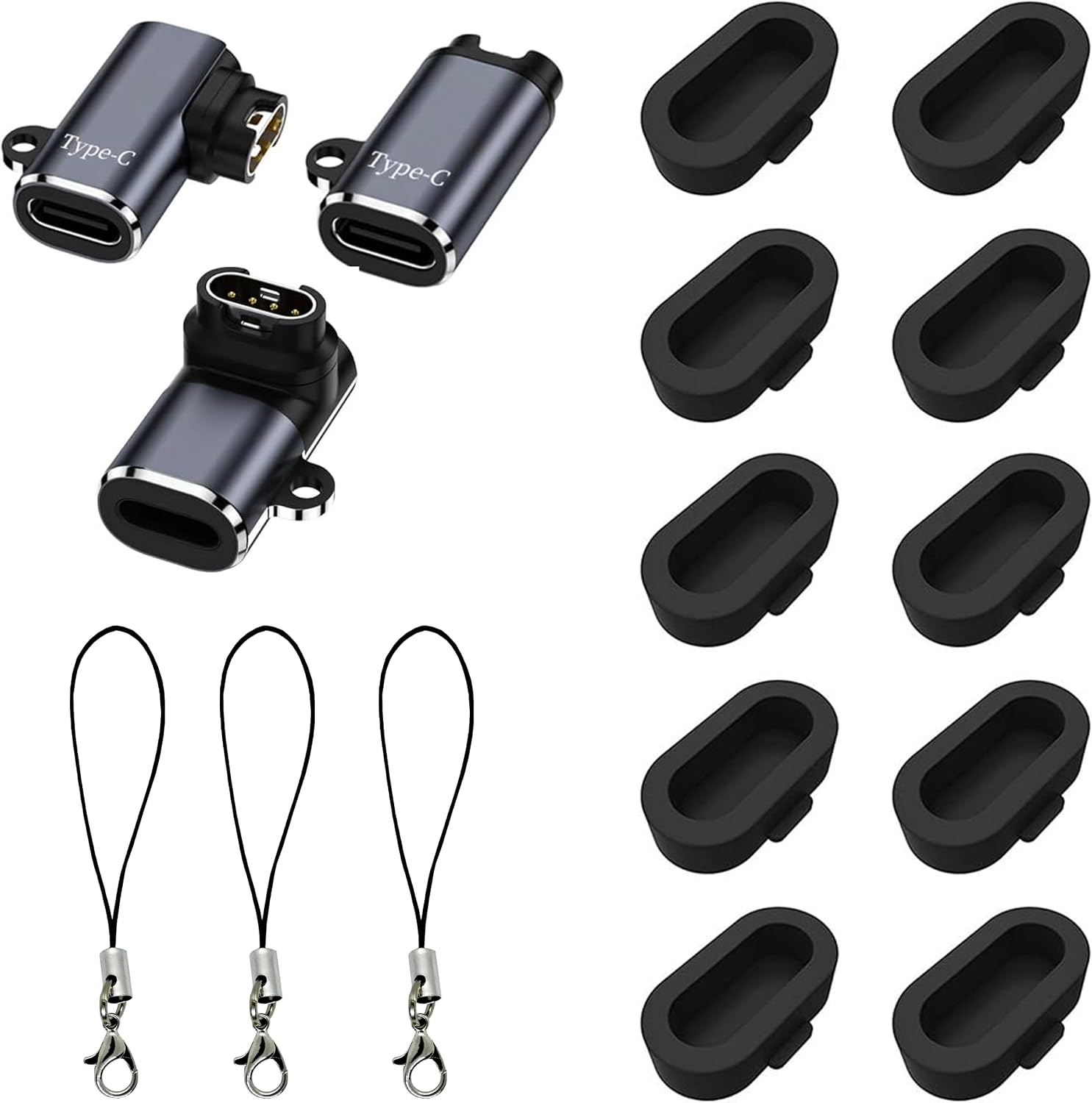 LDFAS Garmin Charger Port Protector 13-Pack - 10 silicone dust plugs and 3 USB-C adapters for Fenix 8/7/6/5 series